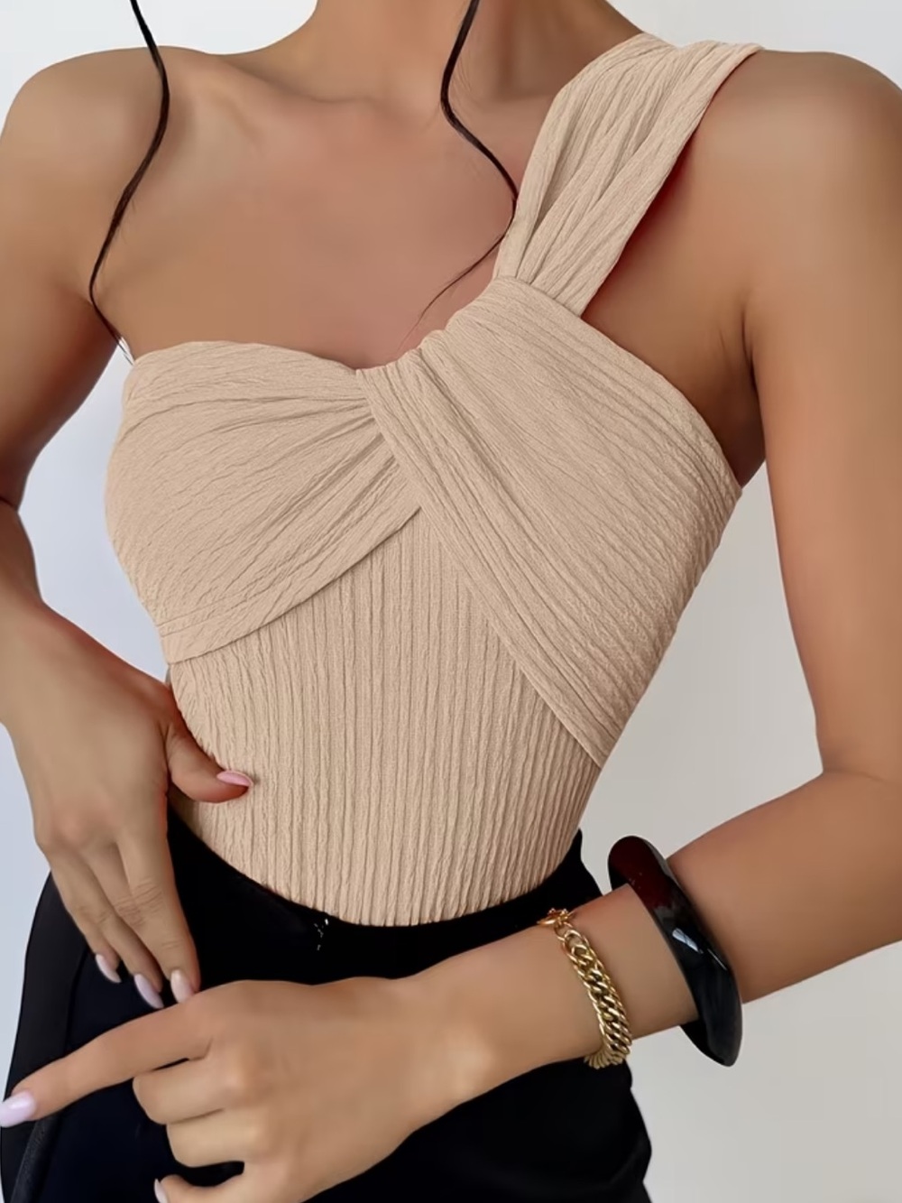 Affordable Fashion Finds One-Shoulder Textured Bodysuit in Beige